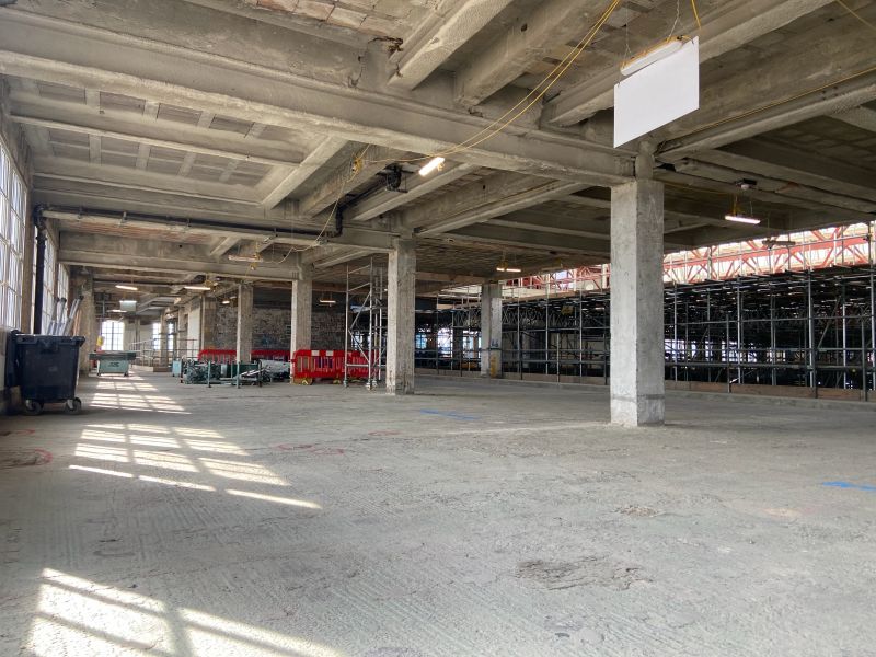 Interior of Grade II listed Barkers building showing heritage-sensitive survey operations