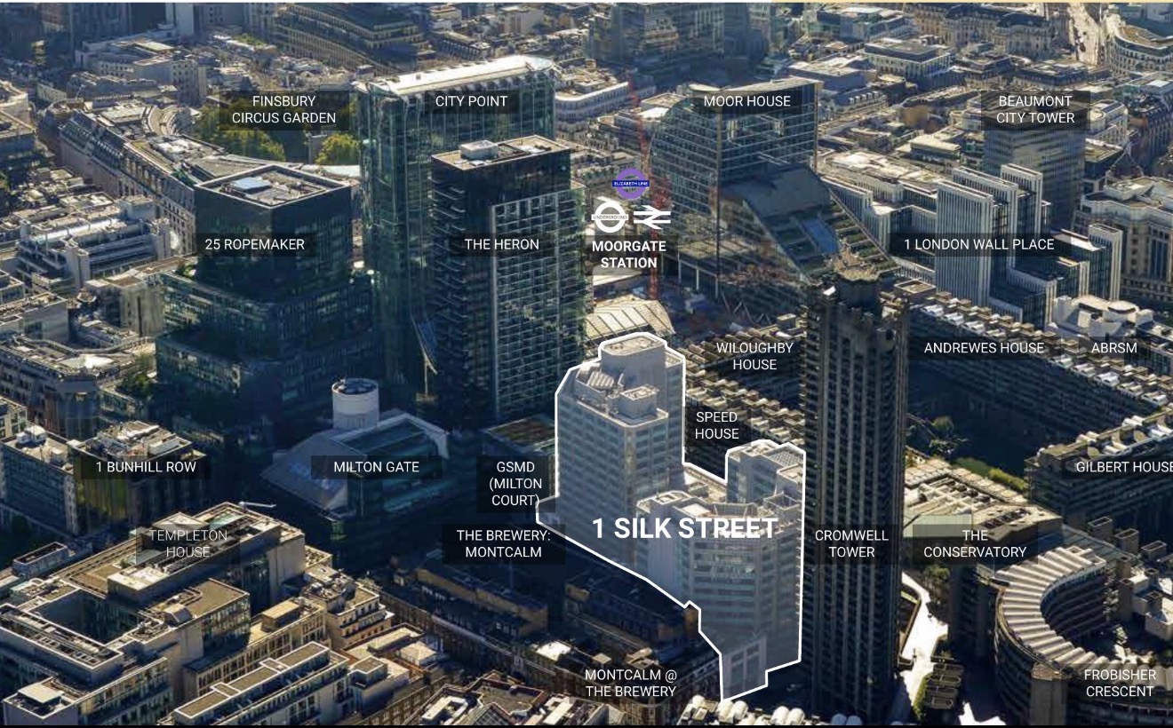Aerial view of the City of London with One Silk Street outlined, near Moorgate Station, City Point and The Heron